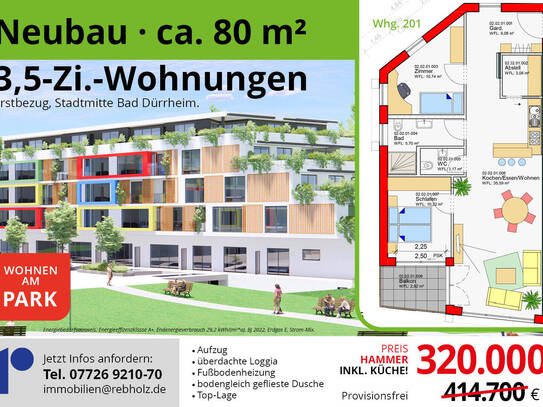 80 m² mit Küche und Loggia, Neubau, schöne 3,5 Zi.-Whg.