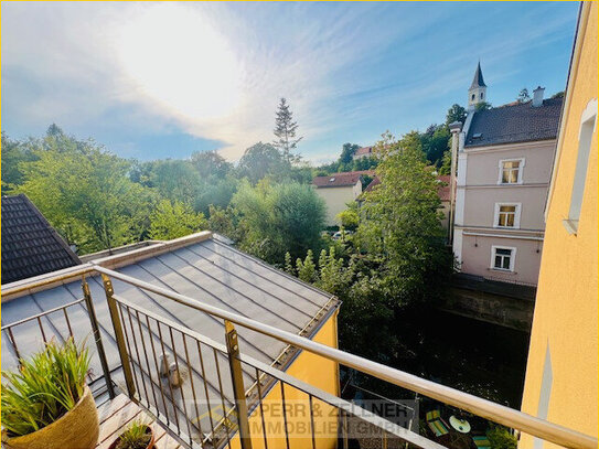 Dorfen - 3,5-Zimmer-Marionette Wohnung mit Dachterrasse - traumhafter Blick auf die Isen und über die Dächer der Altsta…