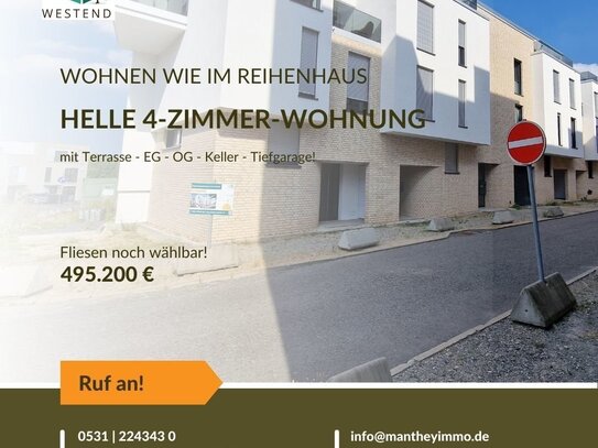 Offene Besichtigung So. 29.9., 12-15 h! Wohnen wie in einem Reihenhaus: Helle 4-Zimmer m. gr. Terrasse!