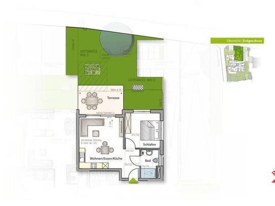 Groß genug auch für Zwei. Zwei Zimmer, Küche, Bad - mit Terrasse und Garten.