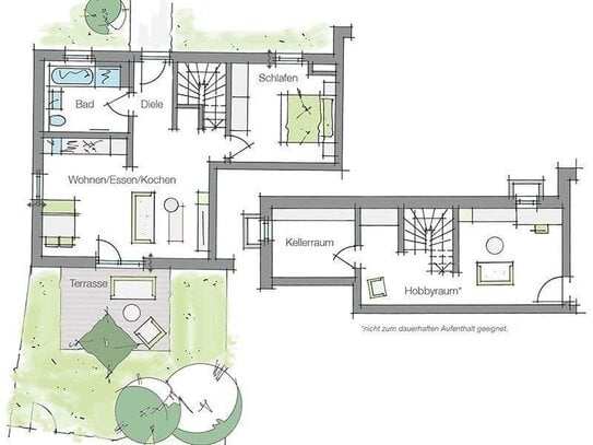 Viel Platz! Garten-Hobbyraumwohnung mit Blick in die Natur! Ca. 60m² Wfl.+ 23m² Hobbyraum. Attraktiv auch für Wertanleg…