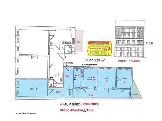 Bürofläche im 2. O G mit 125 m² (4 Räume inkl. Teeküche + Flur) + Balkon in 04600 Altenburg/Thür. in *TOP*1 A-Fußgän...