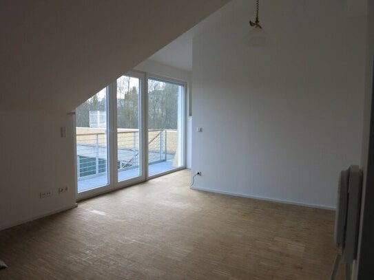 modernes Singleapartment mit Parkett und Balkon.