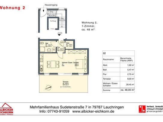 1 Zi. EG mit Terrasse ca. 48 m² - Wohnung 2 - Sudetenstr. 7, 79787 Lauchringen - Neubau