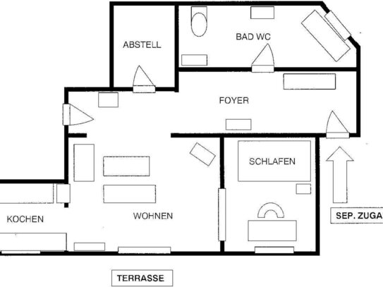 2-Zimmerwohnung mit Internet, Küche, Bad/Wc, TV, Terrasse, eigener Waschmaschine, Trockner, PKW Stellplatz