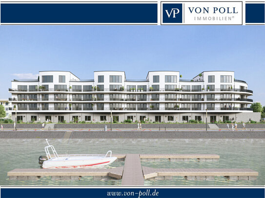 Neubauwohnung mit atemberaubendem Panoramablick auf die Marina - Großes Wohnzimmer mit XXL-Ausblick