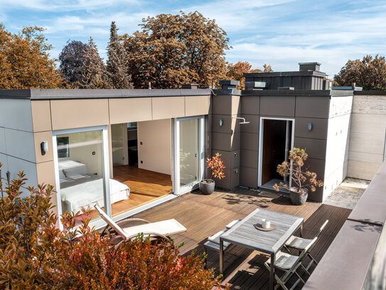 Penthouse-Highlight: Umlaufende Dachterrasse und 360°-Kamin