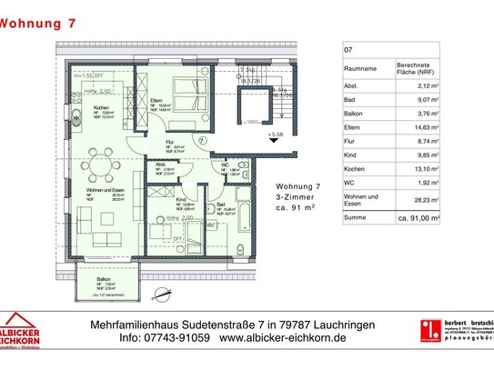 3 Zi. DG mit Balkon ca.91 m² - Wohnung 7 - Sudetenstr. 7, 79787 Lauchringen - Neubau