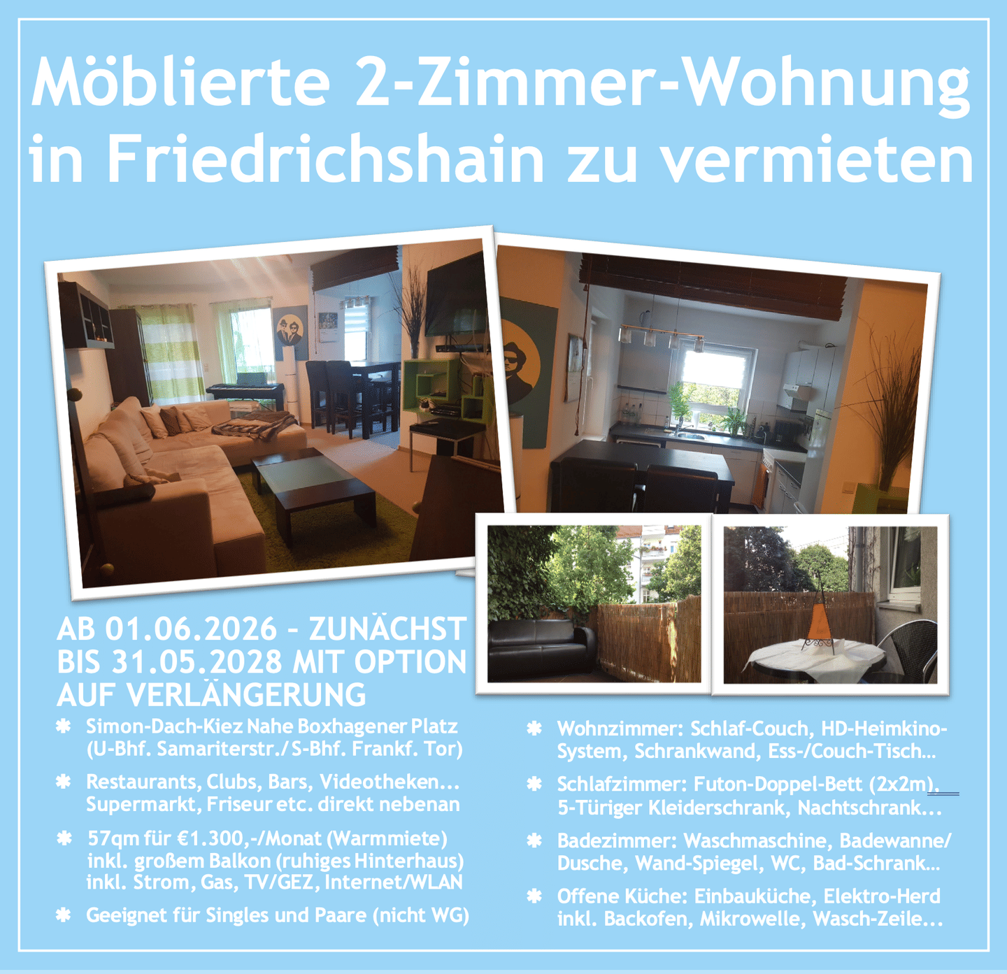 Modernes vollmöbliertes 2-Zimmer-Apartment (mit großem Balkon) in Friedrichshain zur langfristigen Untermiete (all inkl.) - Foto 1
