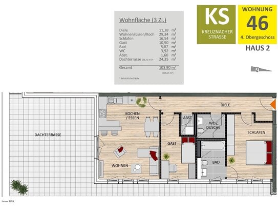 Lichtdurchflutete Neubauwohnung mit Dachterrasse und offener Grundrissgestaltung