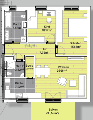 Pfiffige 3 Zimmer Wohnung mit Süd-Balkon und 2 Bädern - 2. OG -