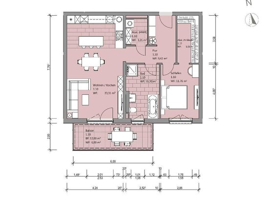 Zum Wohlfühlen - Wohnung mit 2 Zimmern, Ankleide und Balkon in Südausrichtung