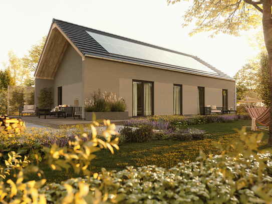 Moderner Bungalow mit überdachter Terrasse.