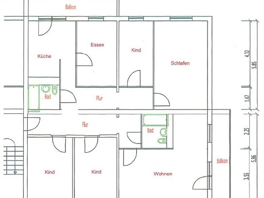 große 5-Raum-Whg im 3. OG mit 2 Balkonen u. 2 Bädern