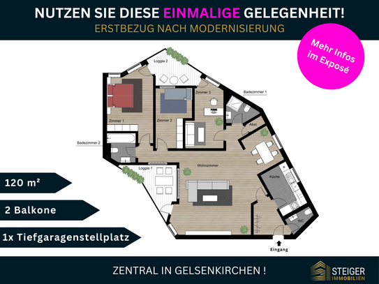 DIREKT AM MUSIKTHEATER! 4 Zimmer + 2 Loggien + Tiefgaragenstellplatz + 2 Badezimmer + Gäste WC