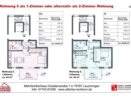 1 oder 2 Zi. OG mit Balkon ca.44 m² - Wohnung 5 - Sudetenstr. 7, 79787 Lauchringen - Neubau