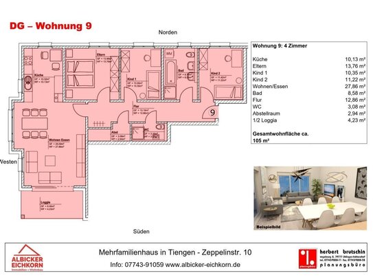 4 Zi. DG mit Loggia ca. 105 m² - Wohnung 9 - Zeppelinstr. 10, 79761 Waldshut-Tiengen - Neubau