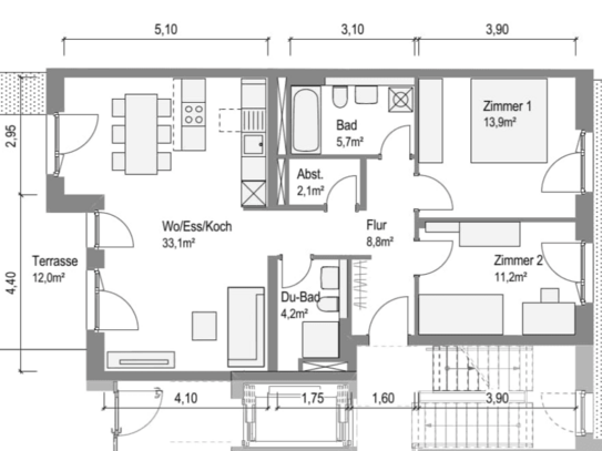 ERSTBEZUG! Helle Erdgeschoss-Wohnung mit zwei kleineren Gärten