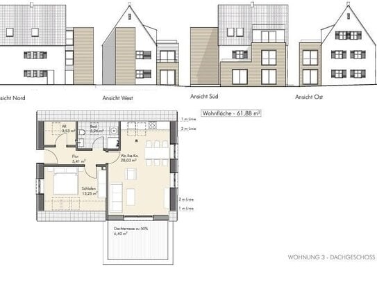 Erstbezug nach Sanierung: 61,88 qm 2- Zimmerwohnung mit Dachterrasse