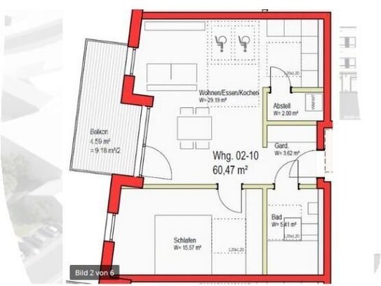 2-Zimmer Wohnung 60 qm. TG-Stellplatz. 1. OG ab 01.01.2025