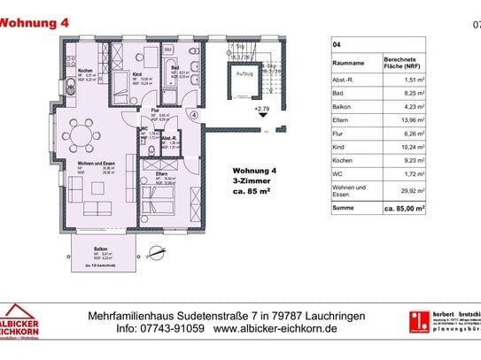 3 Zi. OG mit Balkon ca.85 m² - Wohnung 4 - Sudetenstr. 7, 79787 Lauchringen - Neubau