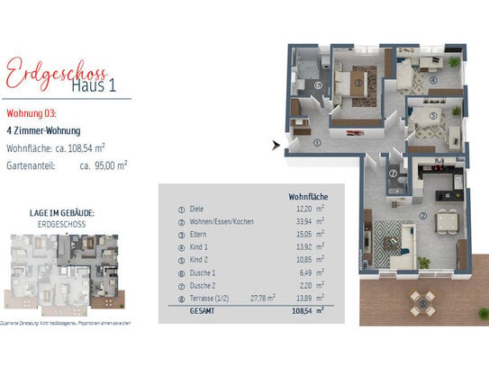 Toll geschnittene 4-Zimmer-Gartenwohnung mit 2 Bädern