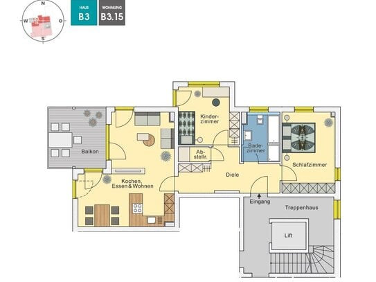 Wohnen mit Komfort: MOOSEDER NEUBAU 3 Zimmer Wohnung im 3. Obergeschoss mit super Blick, Abstellraum | B3.15