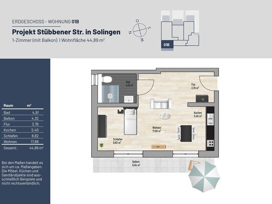 45 m² 1-Z. // Exklusive Balkon Wohnung