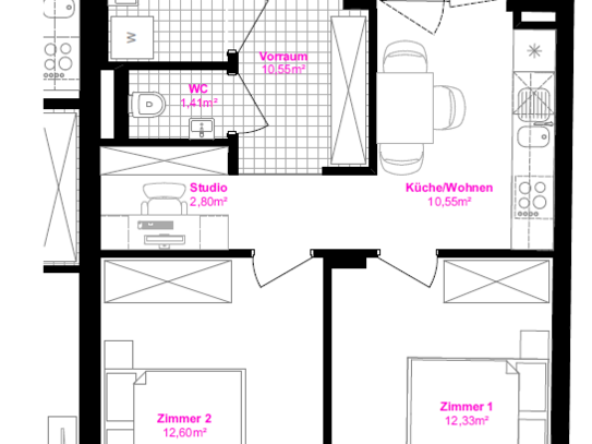 2-Zimmer-Wohnung mit zwei Balkonen