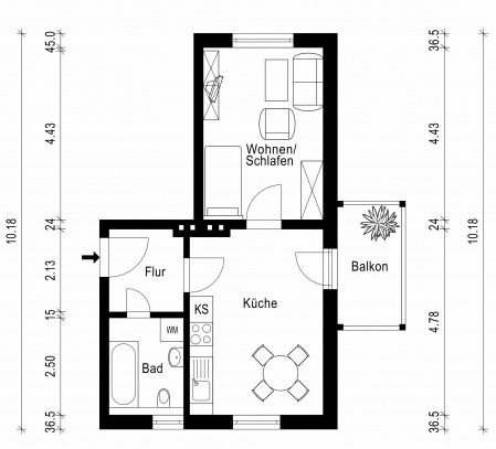 1-Raum-Wohnung mit Balkon