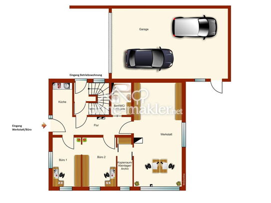 Gewerberäume als Werkstatt/Büro und Lager 121 m²/2,70m h, sowie eine unbeheizte Halle 70 m²