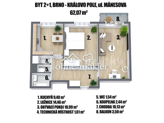 Pronájem bytu 2+1 62 m²