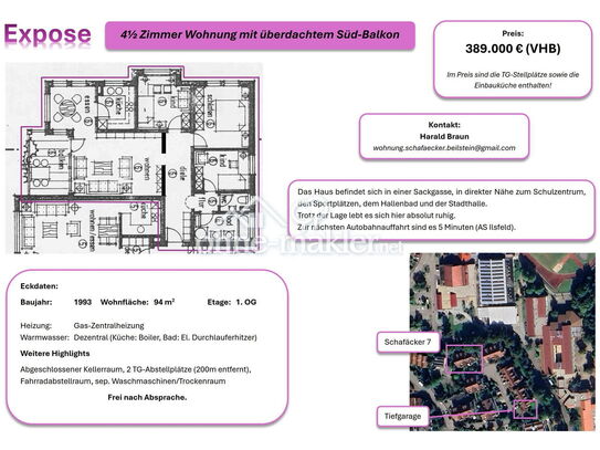 4½ Zimmer Wohnung mit überdachtem Süd-Balkon und 2 TG-Plätzen